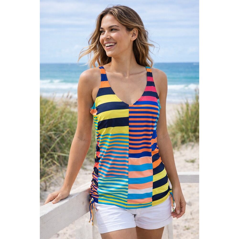 Lands’ End Tankini Top Size 10 Colorful Striped V-Neck UPF 50 🌼